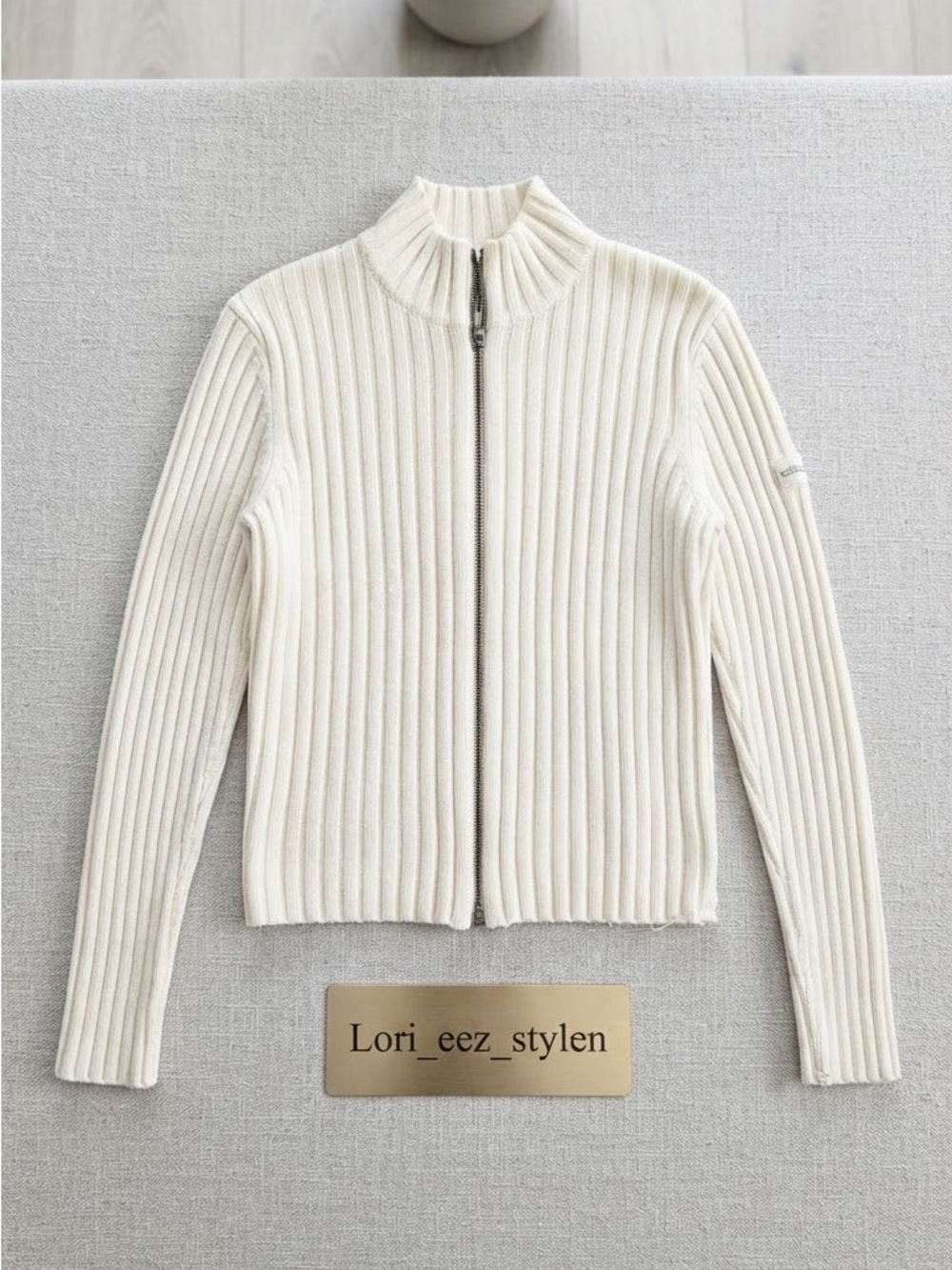 DKNY Cream Ribbed Zip Cardigan